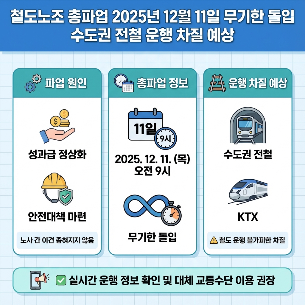 철도노조 총파업 2025년 12월 11일 무기한 돌입 수도권 전철 운행 차질 예상